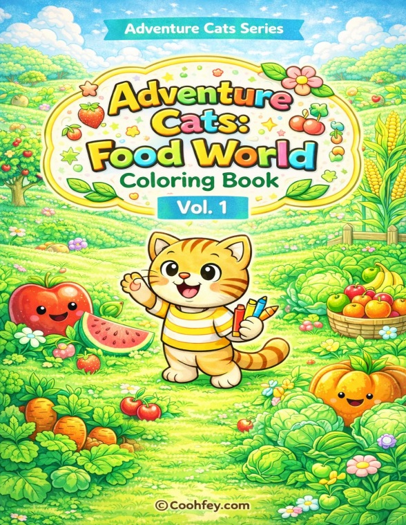 Adventure Cats/แมวผจญภัย: โลกของอาหาร – หนังสือระบายสีและคำศัพท์(เล่ม 1)-ไฟล์ PDF ดาวน์โหลด