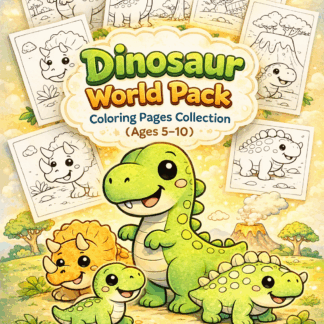 ภาพระบายสีแบบง่ายสำหรับเด็ก: ชุดภาพระบายสีไดโนเสาร์สำหรับเด็กอายุ 5-10 ปี(10 ภาพ PDF ดาวน์โหลด) Dinosaur World Pack