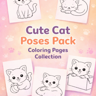 ภาพระบายสีแบบง่ายสำหรับเด็ก: ชุดภาพระบายสีแมวหลากหลายท่าทาง(10 ภาพ)/PDF ดาวน์โหลด/Cute Cat Poses Pack