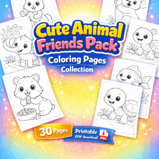 ภาพระบายสีแบบง่ายสำหรับเด็ก: ชุดภาพระบายสีเพื่อนสัตว์น่ารัก (30 ภาพ)/PDF ดาวน์โหลด/Cute Animal Friends Pack