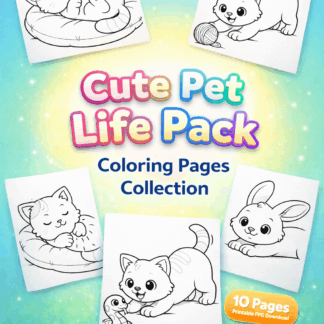 ภาพระบายสีแบบง่ายสำหรับเด็ก: ชุดภาพระบายสีสัตว์เลี้ยงน่ารัก(10 ภาพ)/PDF ดาวน์โหลด/Cute Pet Life Pack