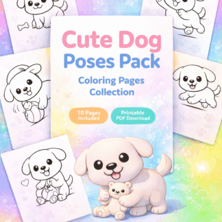 ภาพระบายสีแบบง่ายสำหรับเด็ก: ชุดภาพระบายสีน้องหมาน่ารัก(10 ภาพ)/PDF ดาวน์โหลด/Cute Dog Poses Pack