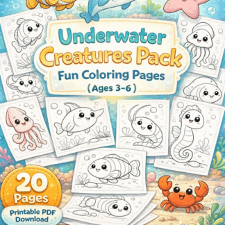 ภาพระบายสีโลกใต้ทะเลสำหรับเด็ก 3–6 ปี (20 ภาพ) | ไฟล์ PDF ดาวน์โหลด |🐠 Underwater Creatures Pack | Printable PDF Download